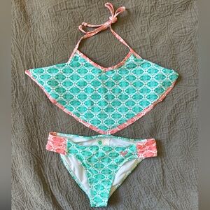 Roxy Girl (16) Teal and Coral Bikini Set